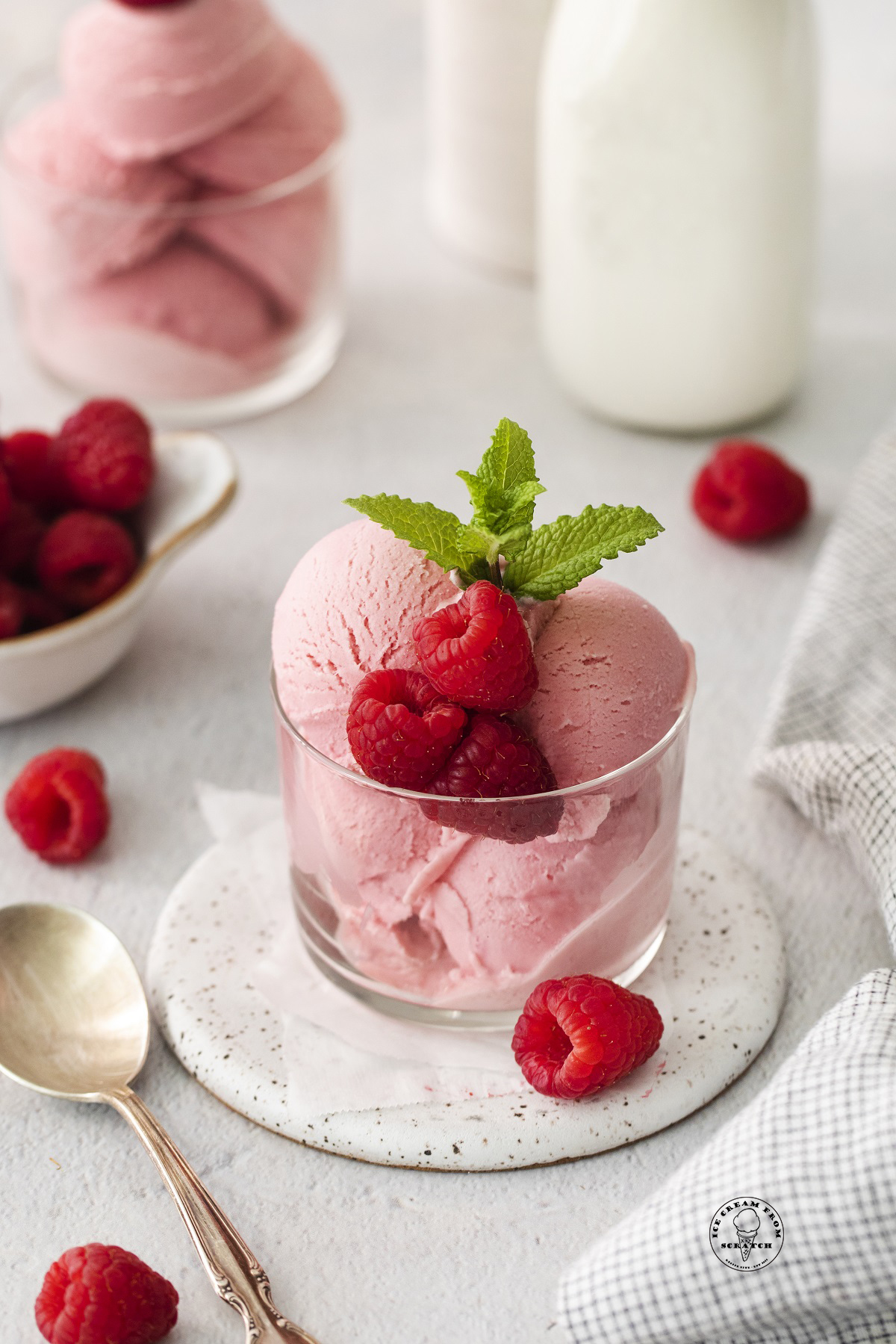 a short glass cylindrical bowl filled with scoops of homemade raspberry sorbet and garnished with fresh berries and a sprig of mint.