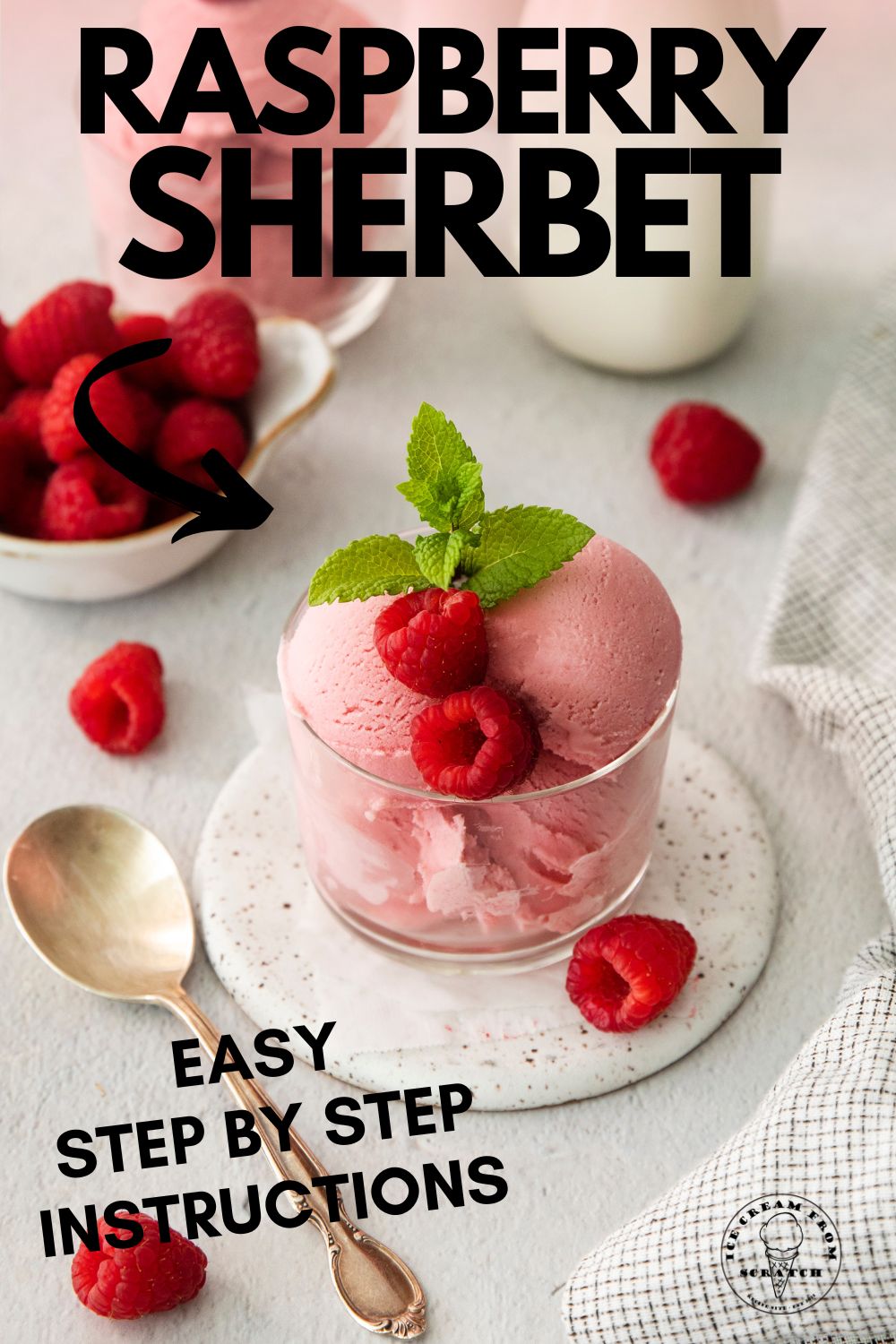 a short clear bowl filled with raspberry sherbet, garnished with mint and fresh berries. Text overlay at top says "raspberry sherbet". More text at bottom of image says "easy step by step instructions".
