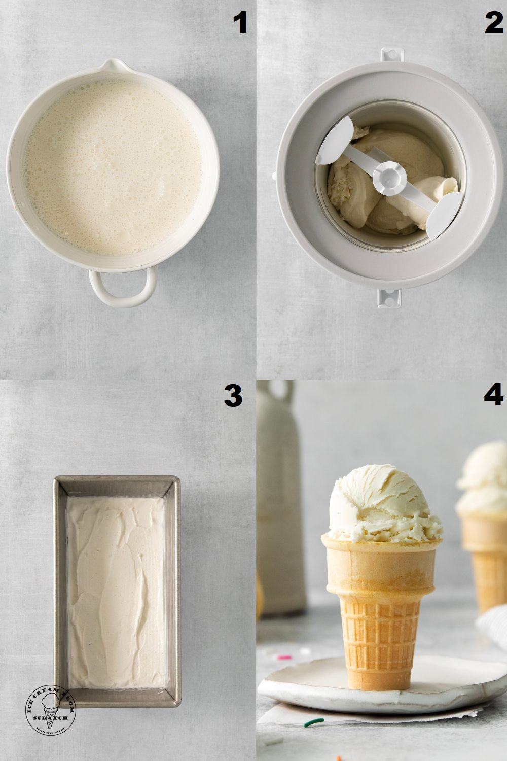 A collage of four images showing how to make sugar free ice cream with an ice cream maker