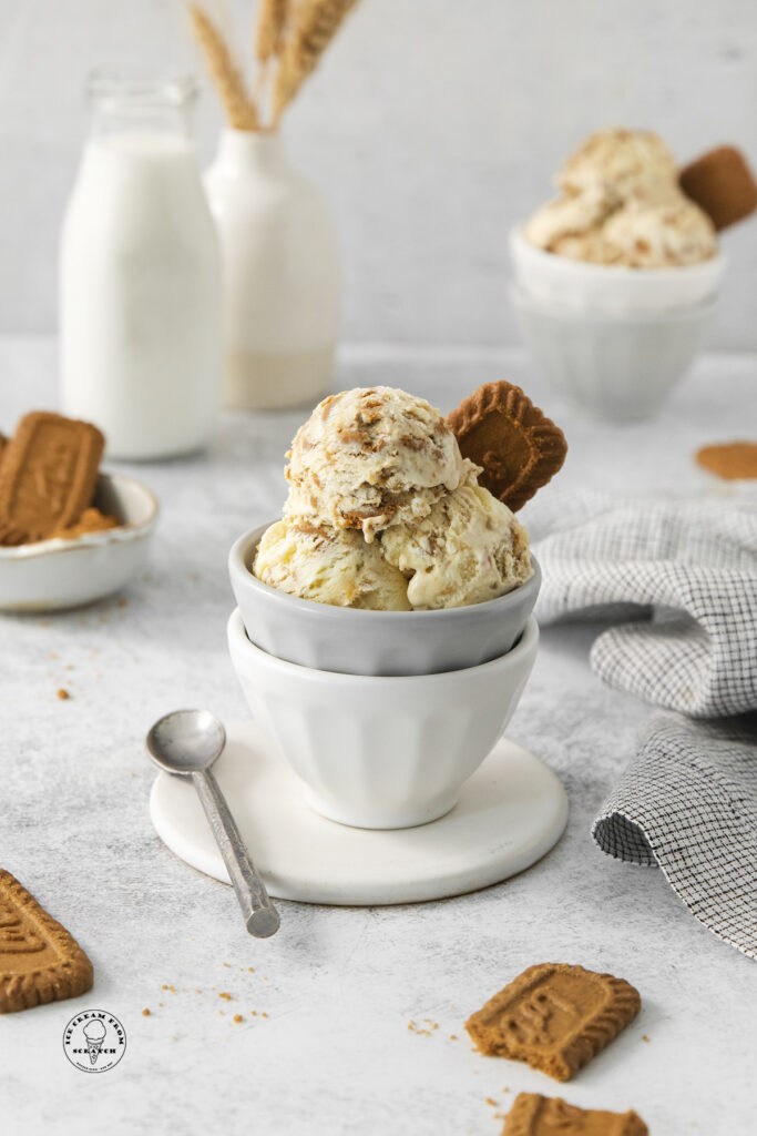 scoops of biscoff ice cream in a bowl with a biscoff cookie garnish.