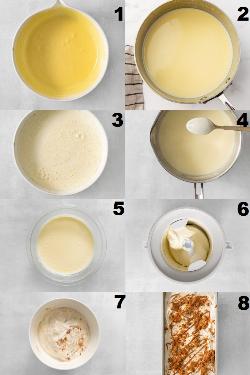a collage of 8 images showing the steps to take to make biscoff ice cream from scratch.