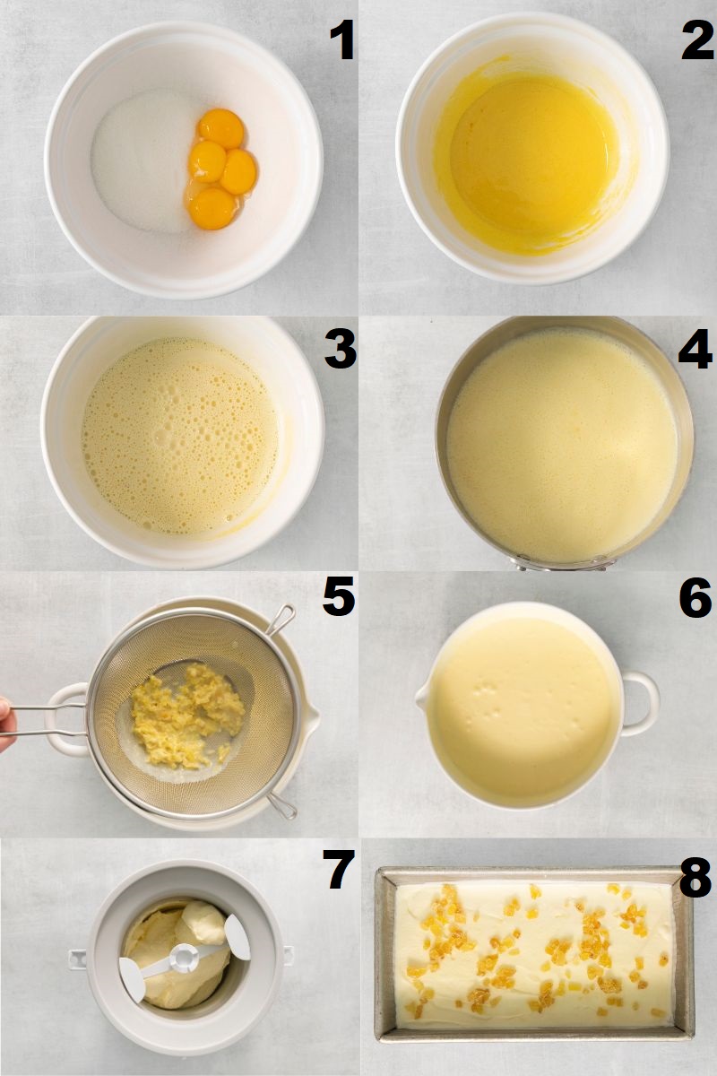 a collage of 8 images showing how to make ginger ice cream from scratch.