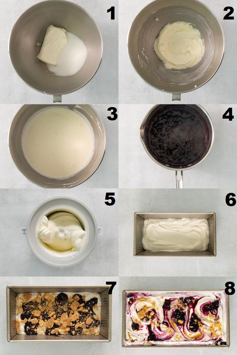 A collage of 8 images showing how to make blueberry cheesecake ice cream with graham cracker pieces.
