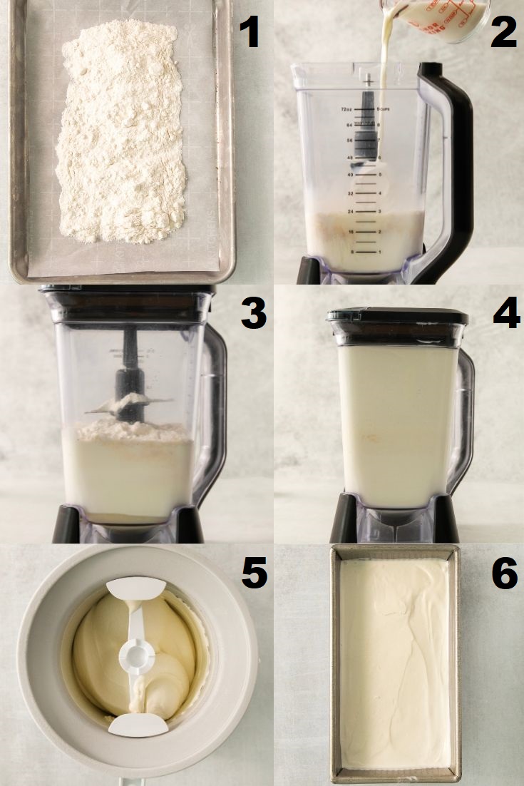 a collage of 6 images showing how to make cake batter ice cream, starting by baking the cake mix, then churning the base in an ice cream maker, before freezing it.