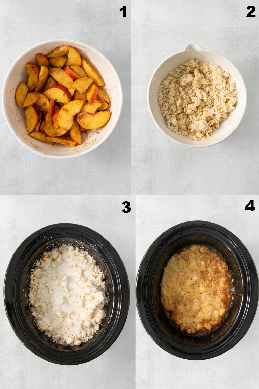 a collage of four images showing how to make peach cobbler in a crockpot.