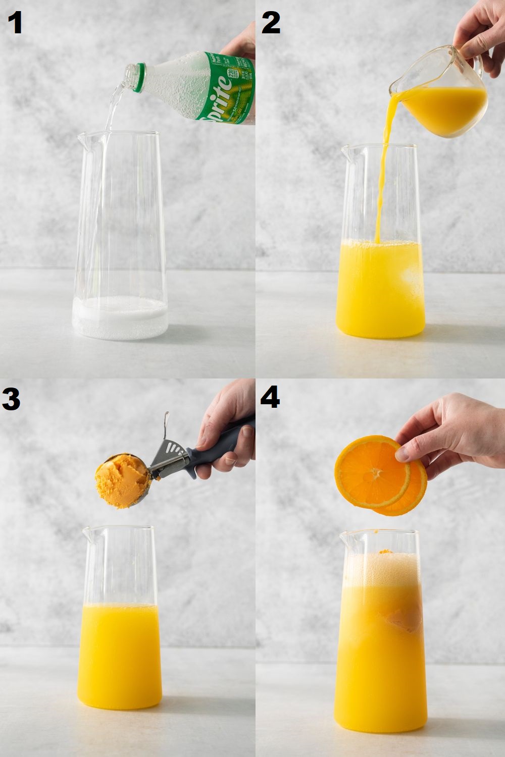 a collage of four images showing how to mix halloween punch in a glass pitcher.