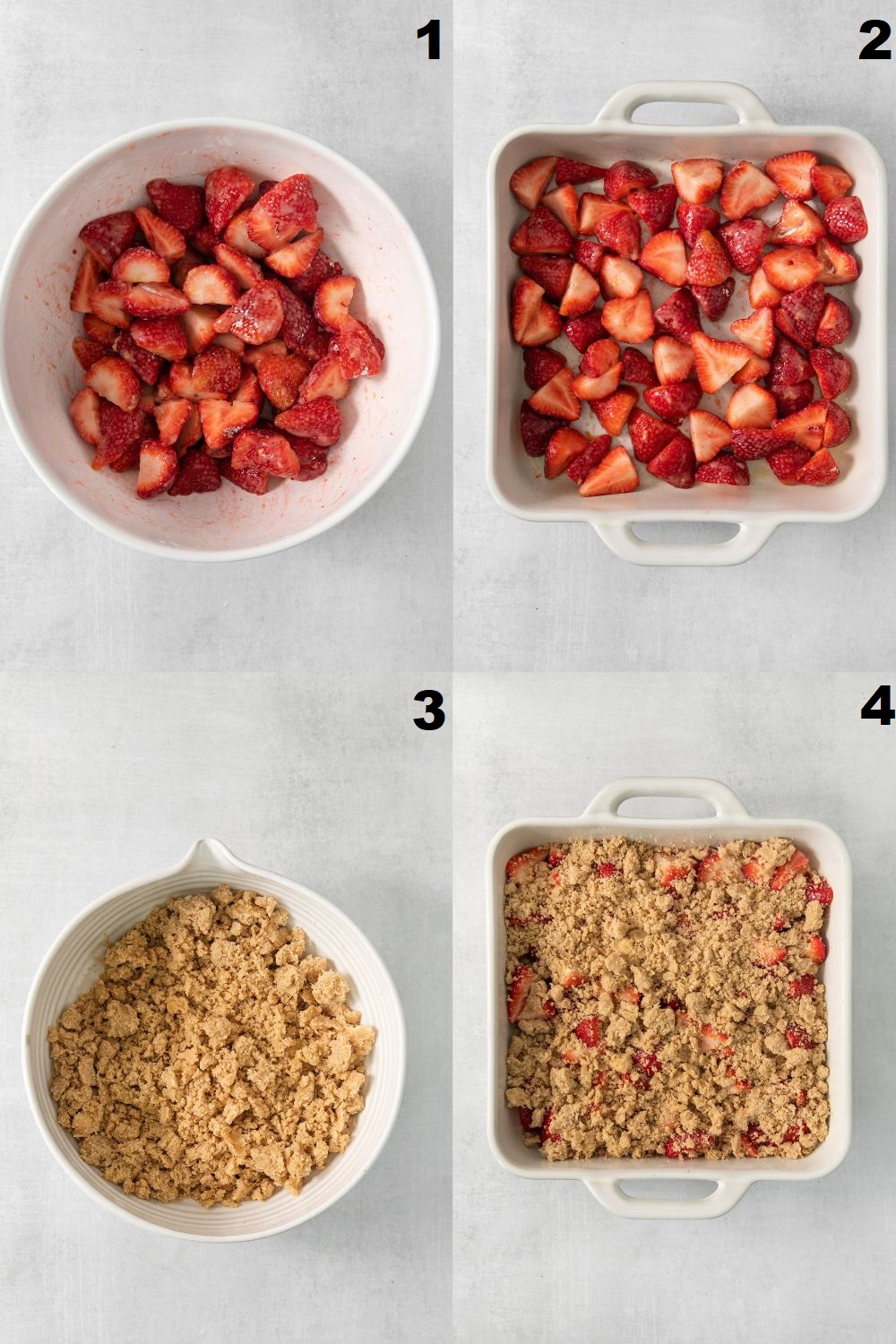 a collage of four images showing how to make baked strawberry crumble with fresh berries