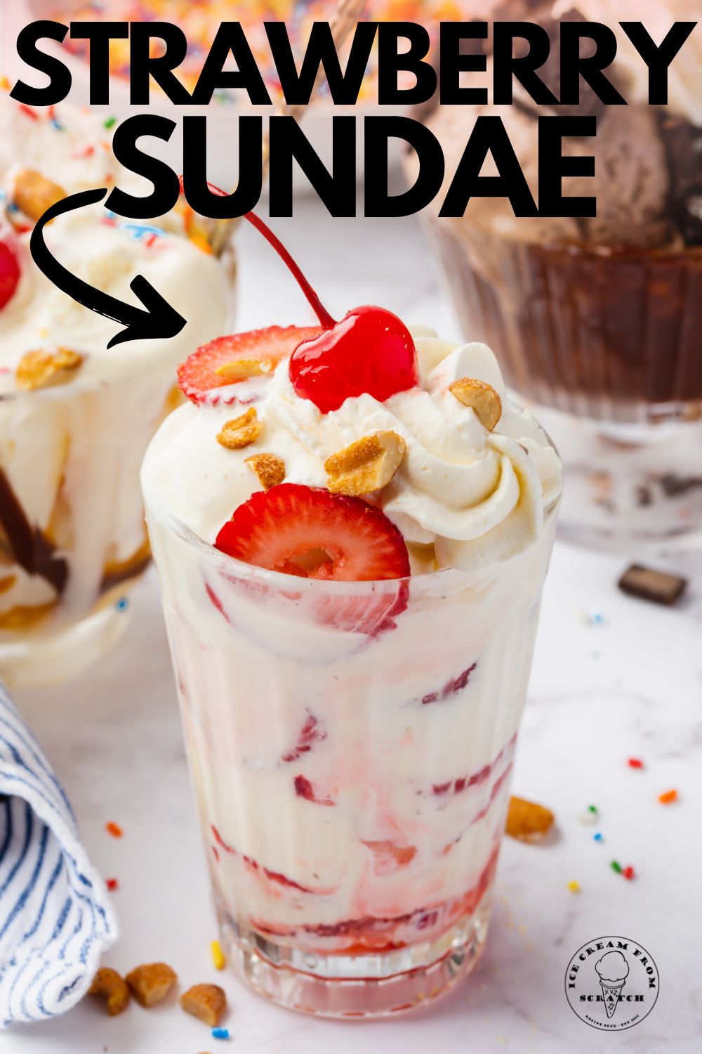 a strawberry sundae in a glass. Text overlay says "strawberry sundae"