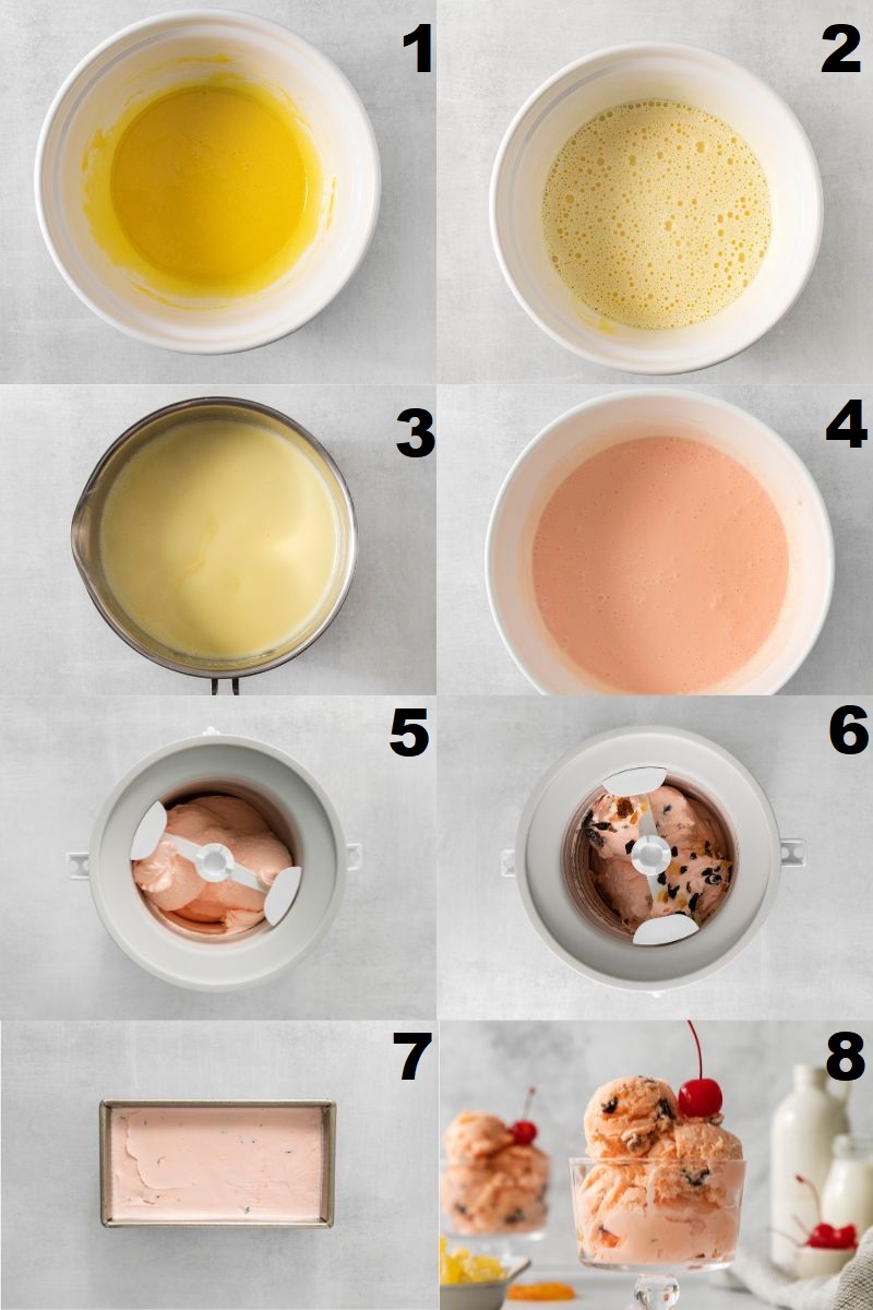 A collage of 8 images showing how to make tutti fruitti ice cream in an ice cream maker from scratch