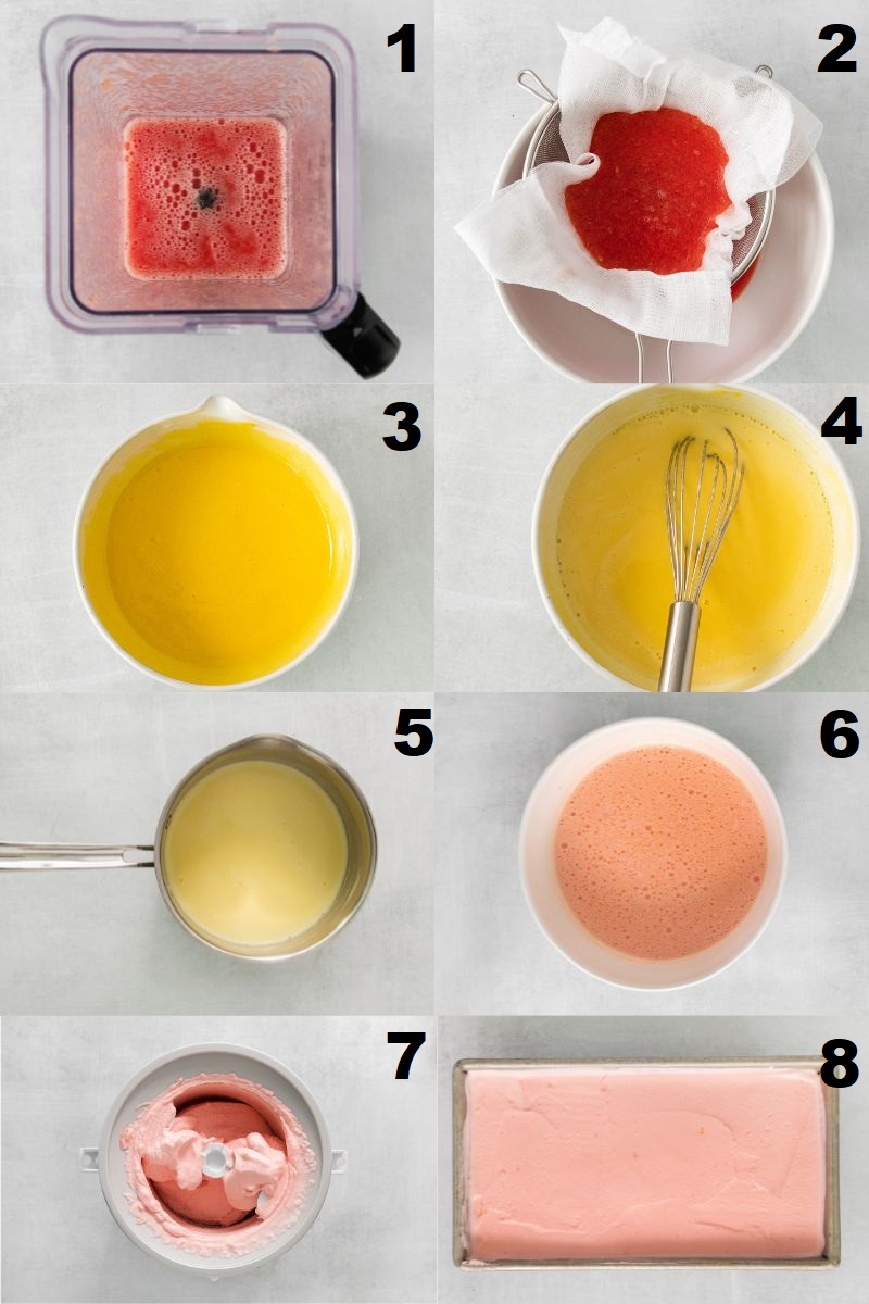 A collage of four images showing how to make watermelon ice cream from scratch in an ice cream maker.