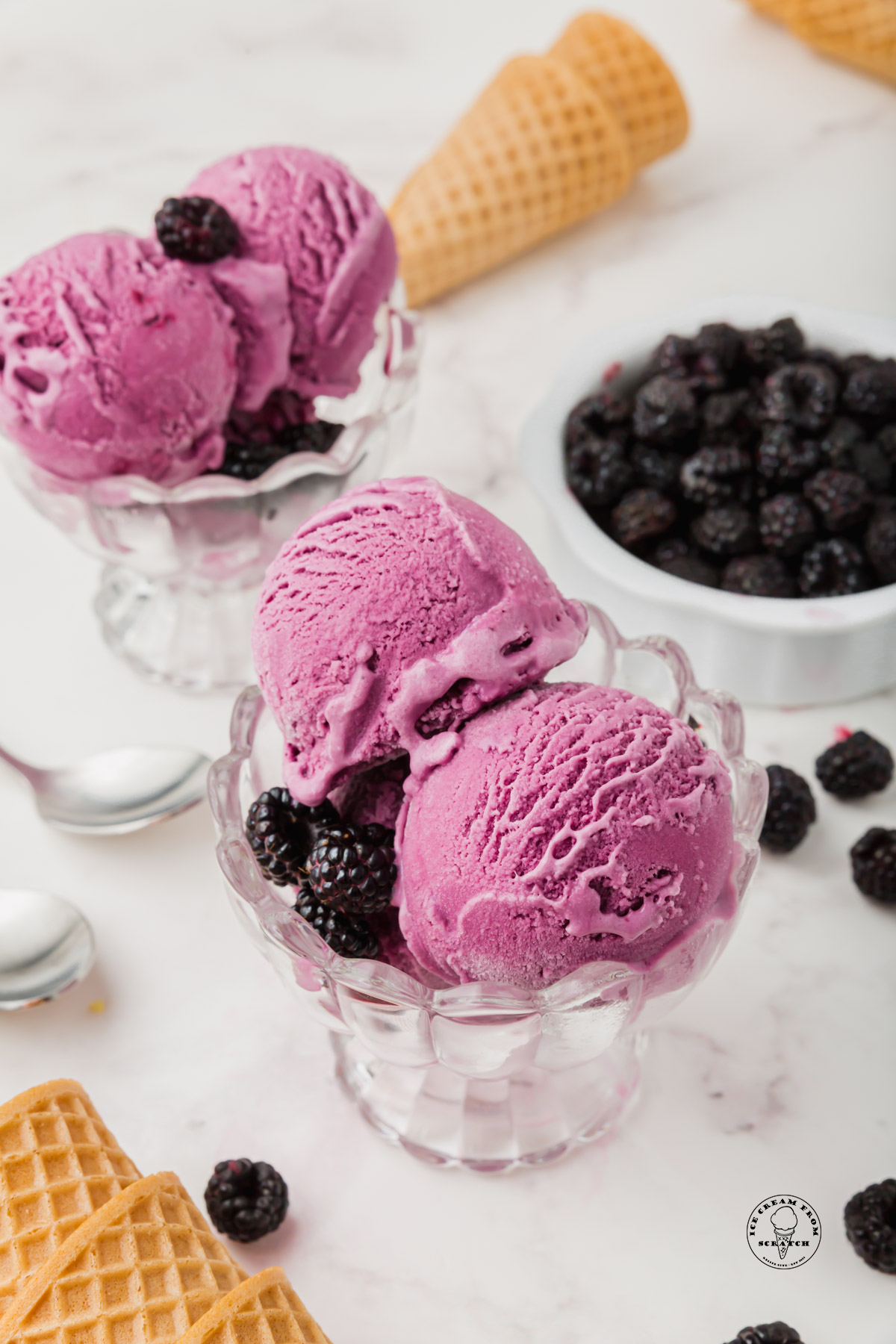 two dishes of blackberry ice cream with fresh blackberries. On the counter are sugar cones and spoons.
