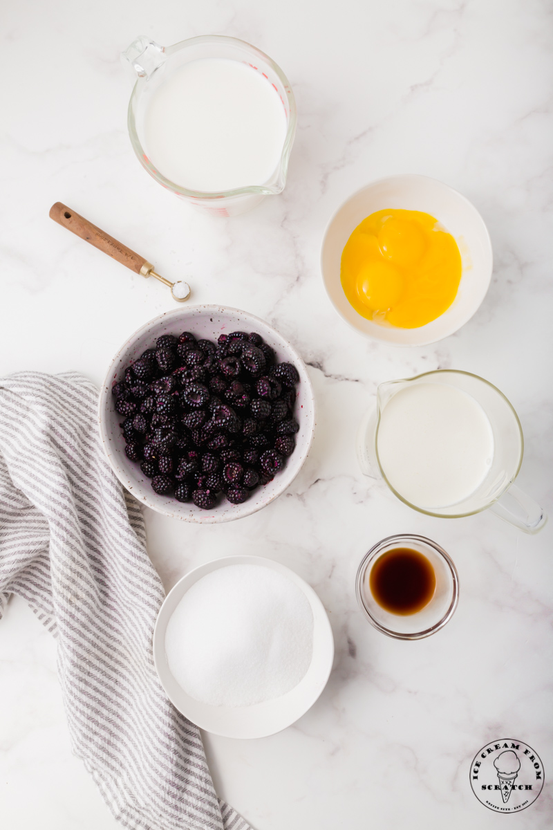 The ingredients in homemade blackberry ice cream, including fresh berries, egg yolks, milk, cream, and sugar.