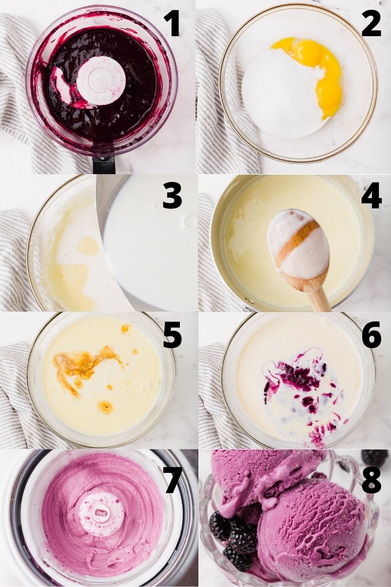 a collage of 8 images showing how to make blackberry ice cream from scratch