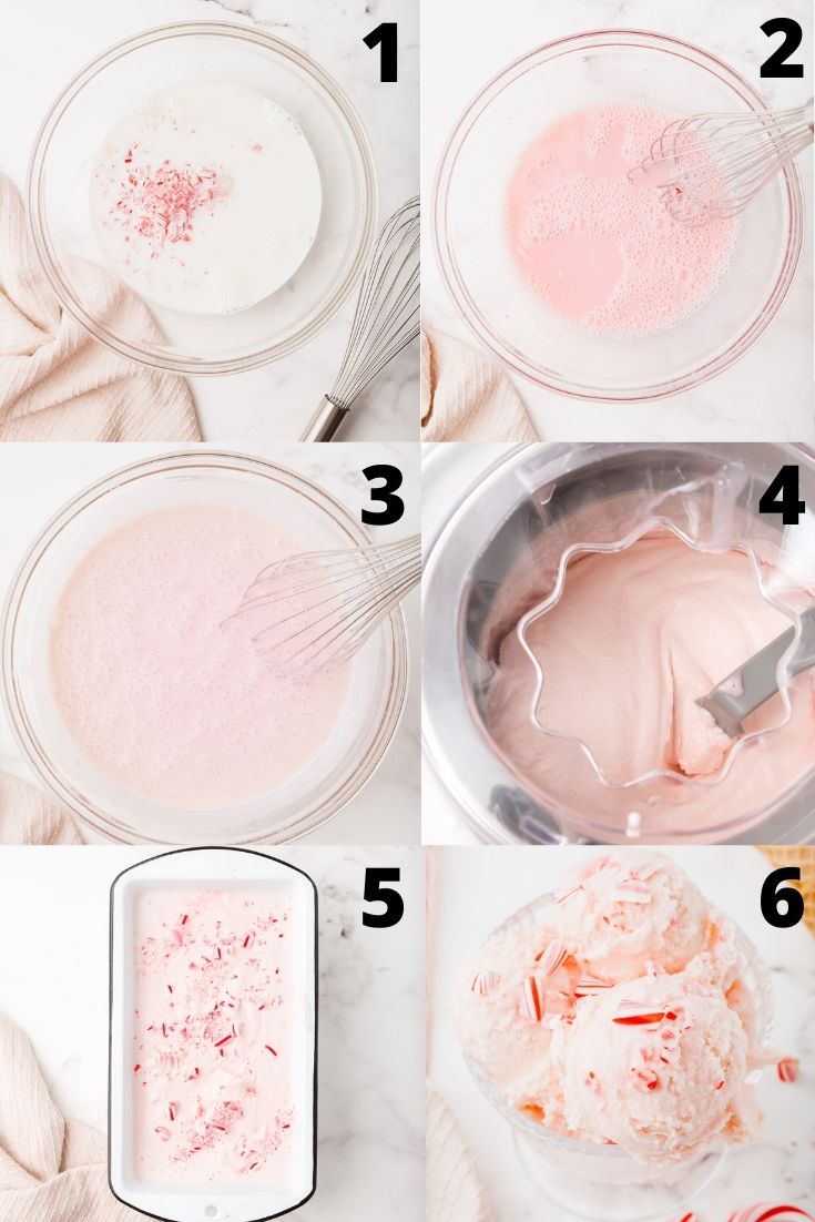 a collage of 6 images showing how to make homemade peppermint ice cream with candy canes.