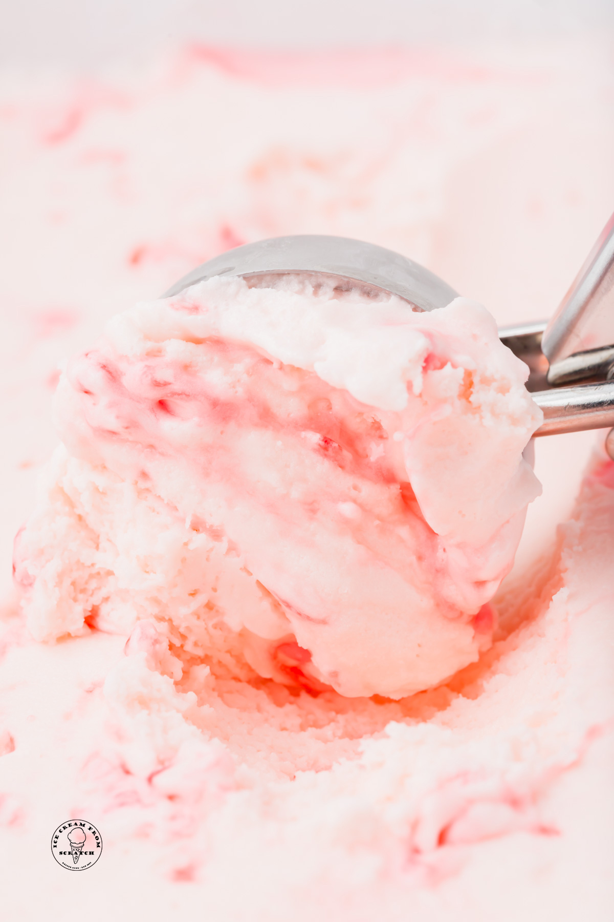 A metal ice cream scoop pulling a scoop of homemade candy cane ice cream, viewed close-up