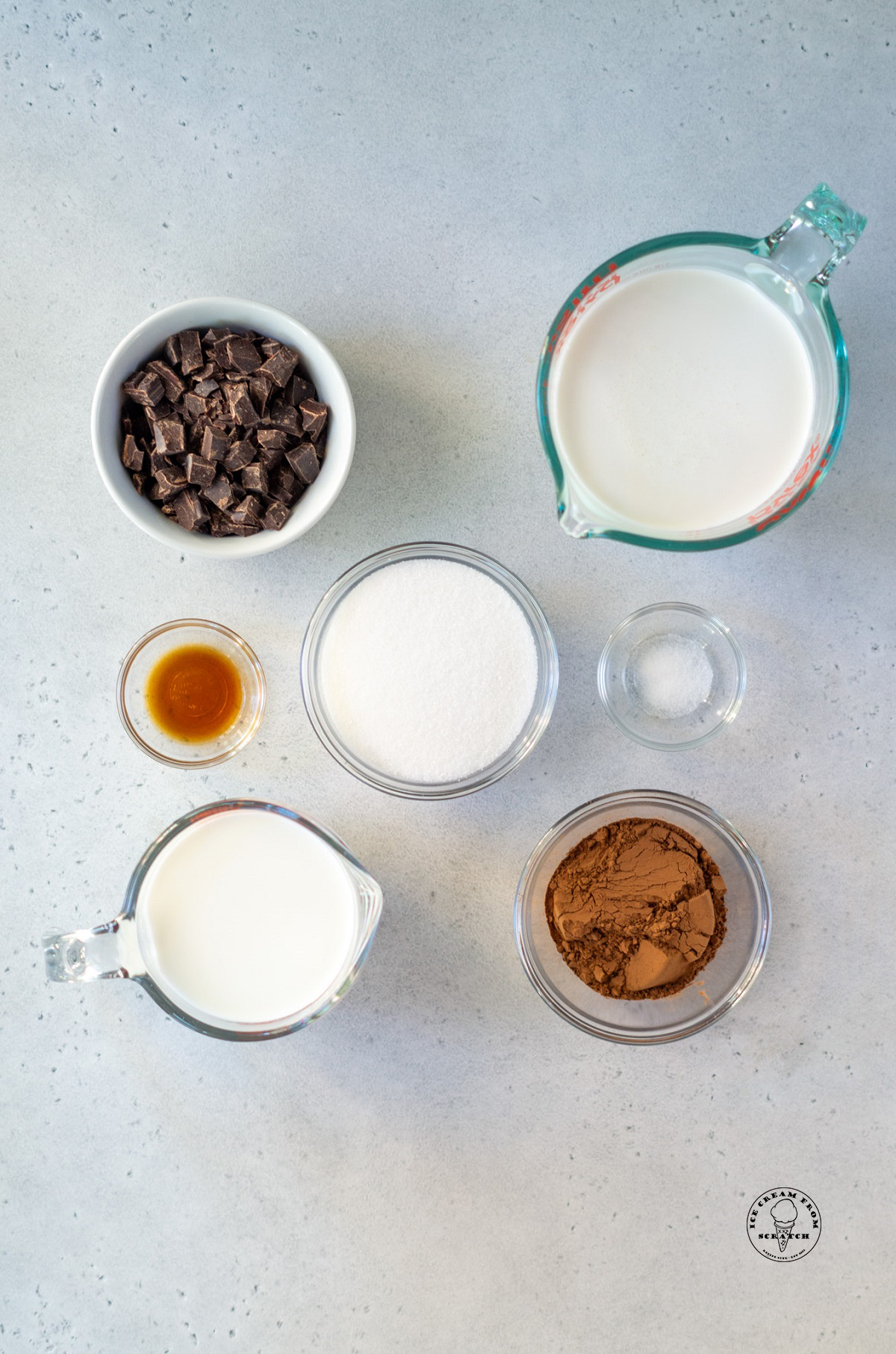 The ingredients in homemade chocolate chocolate chip ice cream.