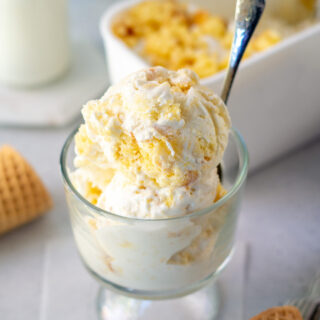 A glass dish of cornbread ice cream with a spoon in it.