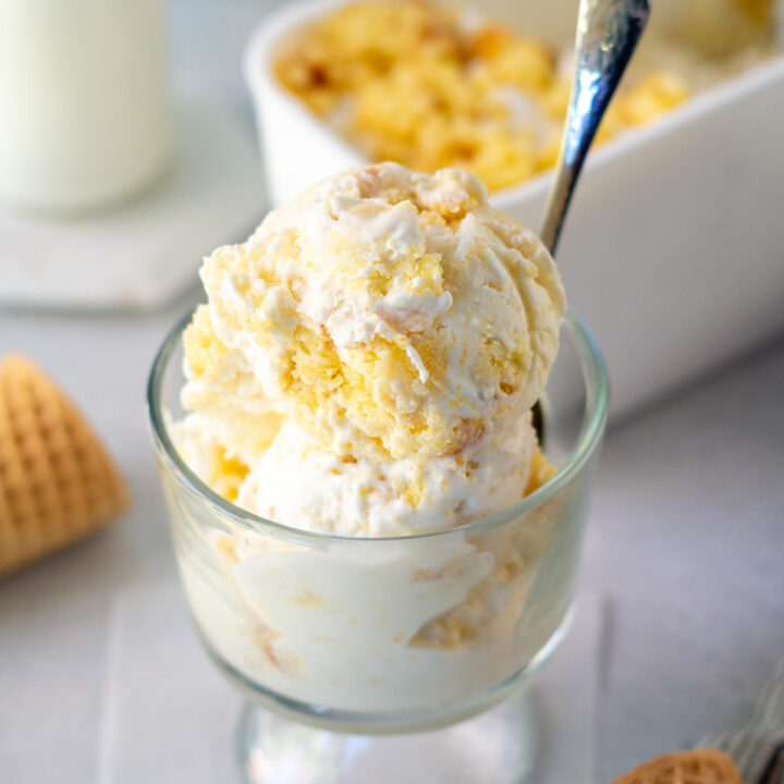 A glass dish of cornbread ice cream with a spoon in it.