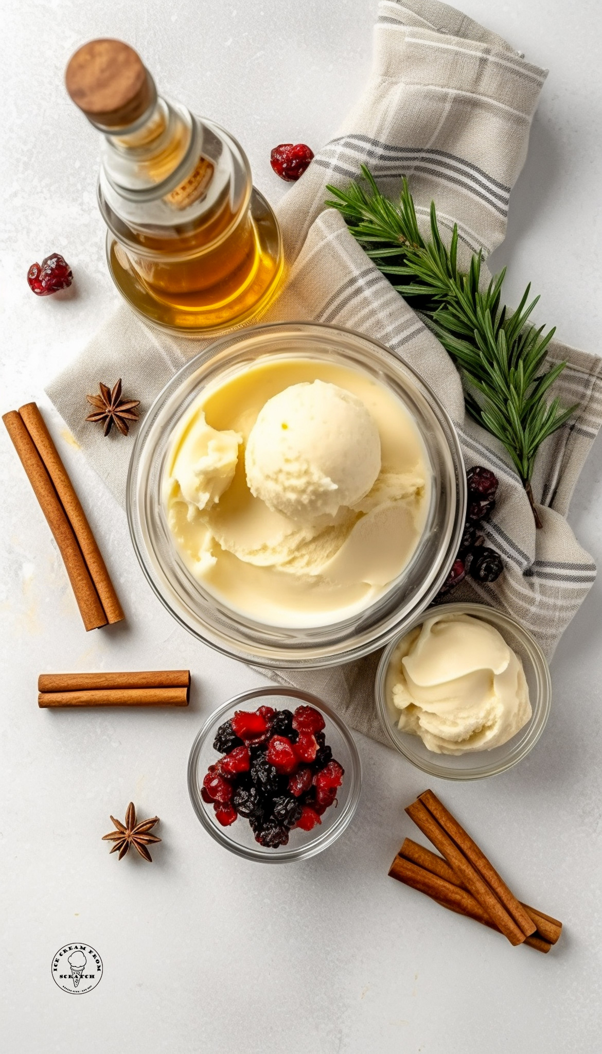 The ingredients needed to make a festive eggnog milkshake.