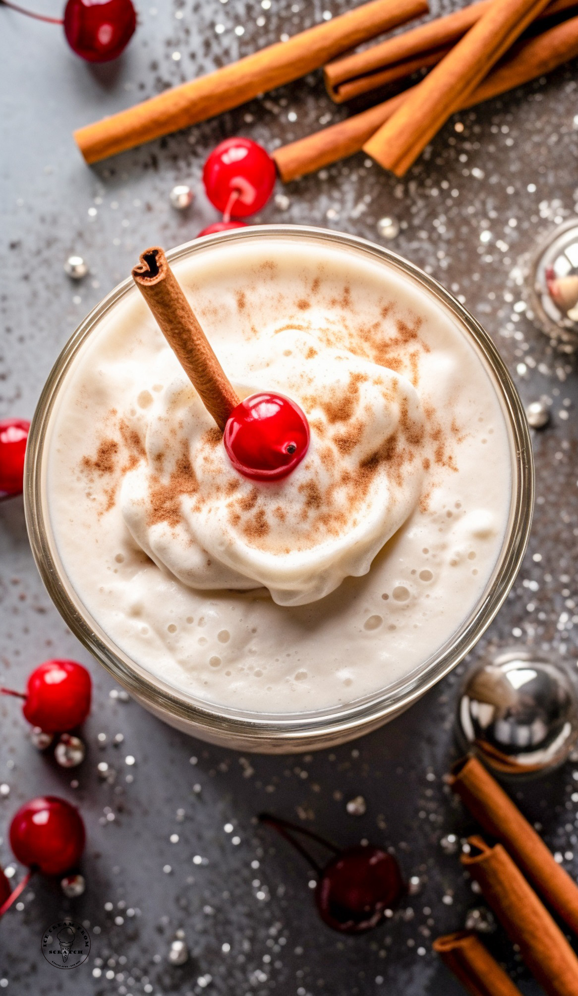 A homemade eggnog milkshake, viewed from overhead