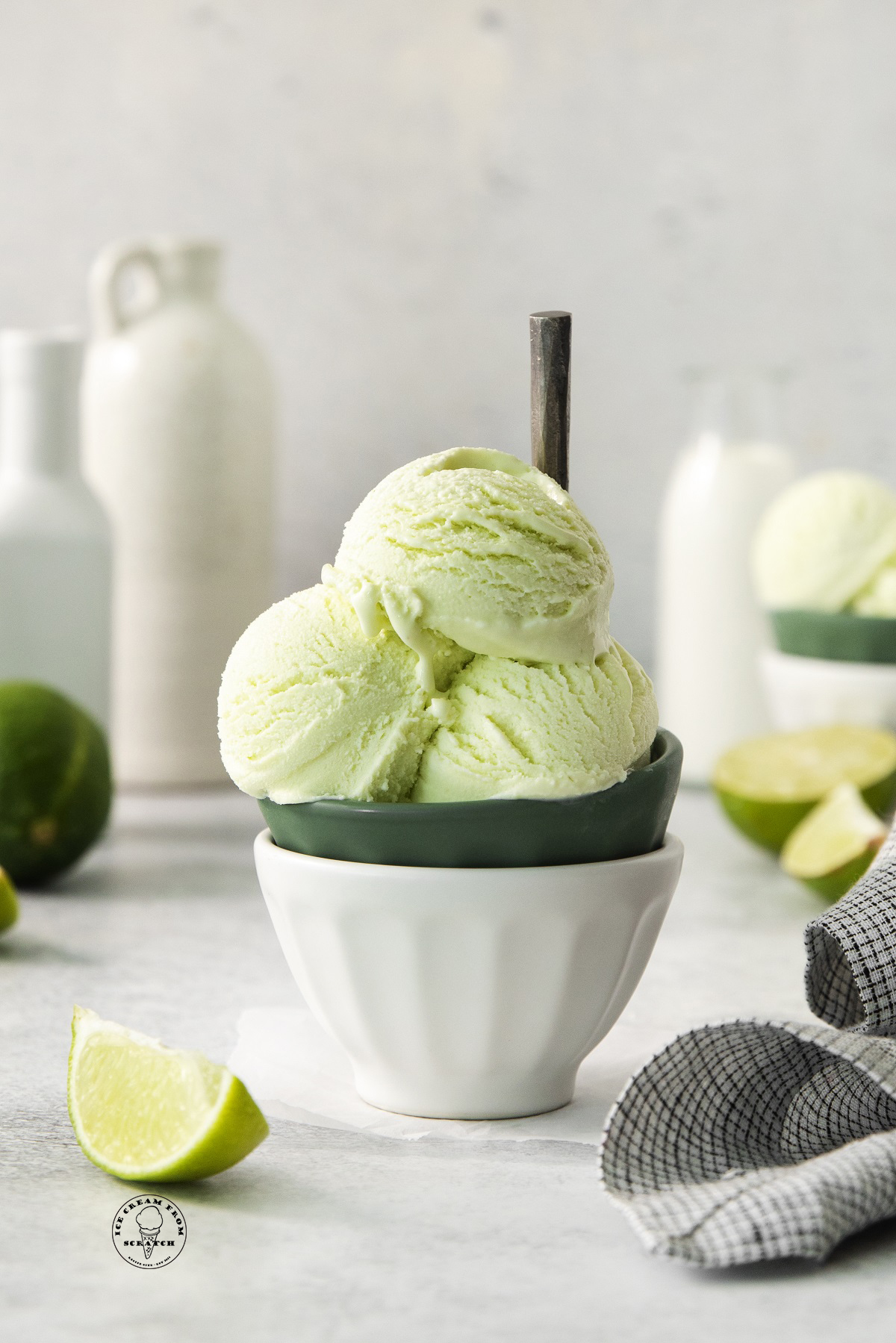 a bowl filled with scoops of lime ice cream.