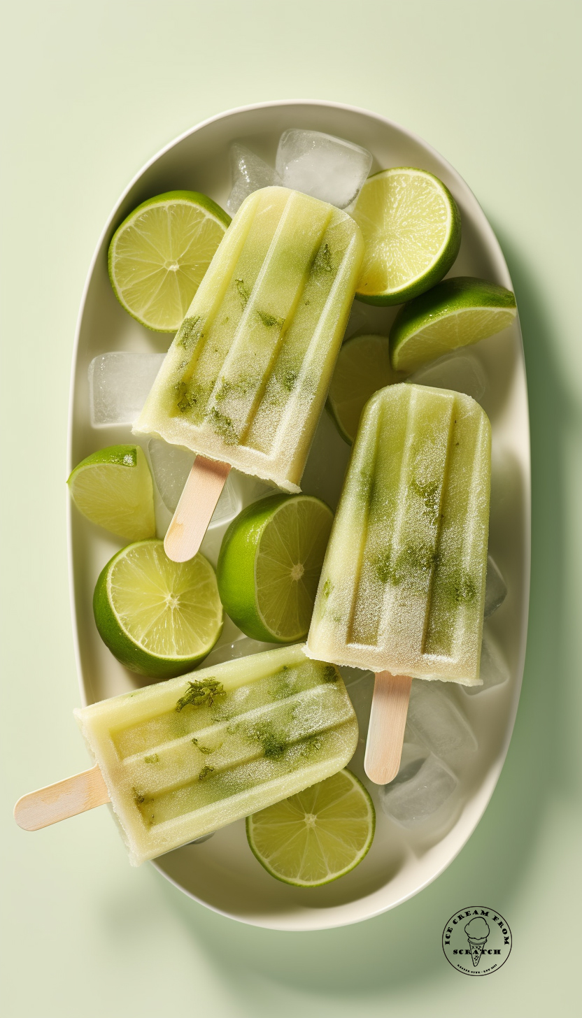 an oval platter of lime popsicles with halved limes and ice cubes