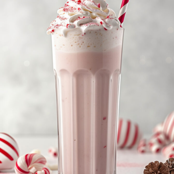 a tall glass filled with peppermint milkshake topped with whipped cream, crushed candy canes, and including a red and white striped straw