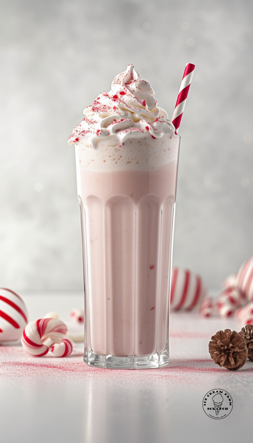 a tall glass filled with peppermint milkshake topped with whipped cream, crushed candy canes, and including a red and white striped straw