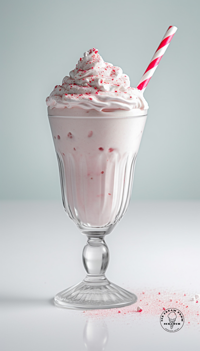 a tall footed glass of peppermint milkshake topped with whipped cream and crushed candy canes