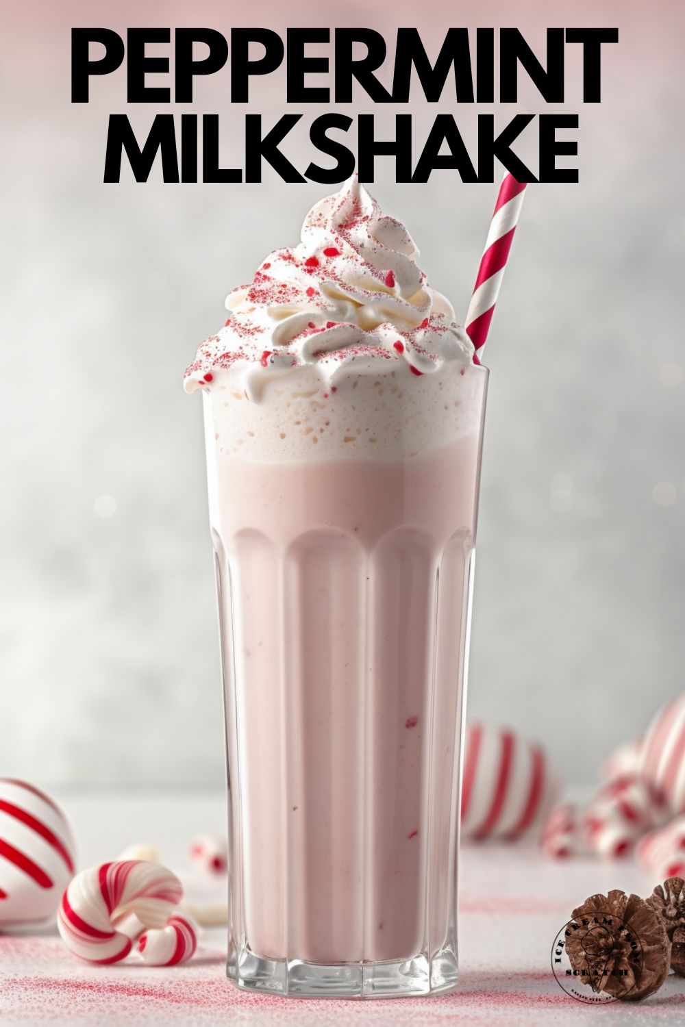 a tall glass filled with peppermint milkshake with a red and white striped straw and whipped cream topping. Text overlay says "peppermint milkshake"