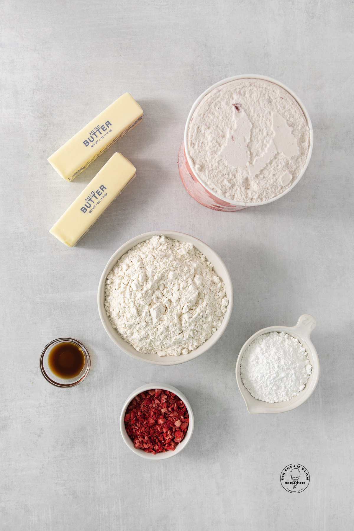 the six ingredients needed to make homemade strawberry ice cream sandwiches.