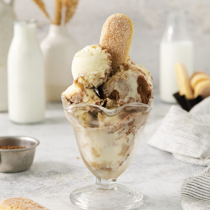 a footed ice cream dish filled with scoops of homemade tiramisu ice cream, with a ladyfinger as garnish.